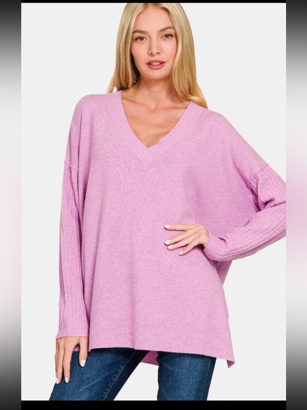 Zenana Women’s Oversized V-Neck Sweater - Pink/purple